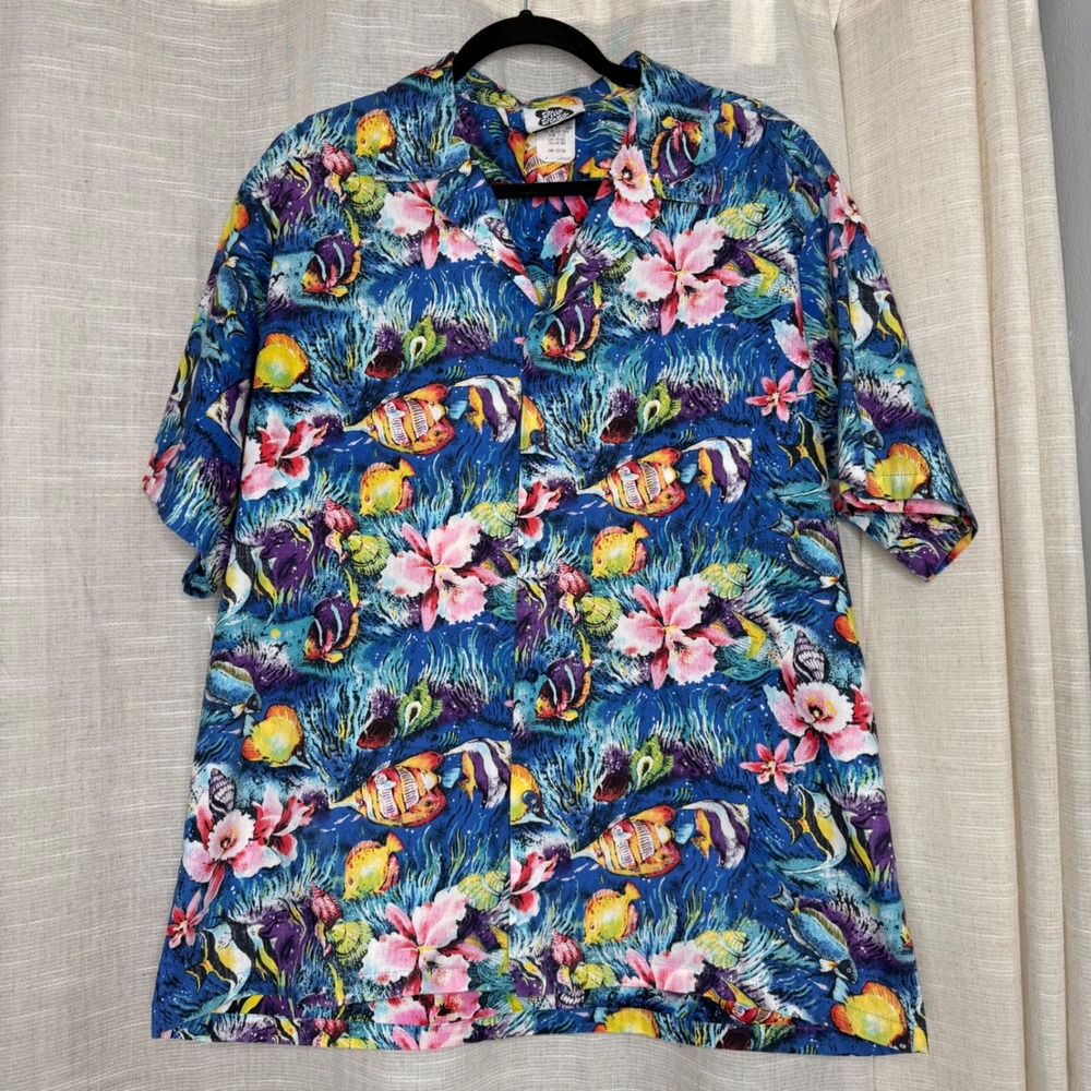 Vintage Hilo Hattie Hawaiian Shirt Ocean Life‎ Fish Flowers Men's XL